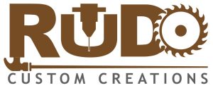 Rudo Custom Creations logo featuring a router, saw blade, hammer, and the text 'Rudo Custom Creations' in a stylized font