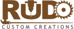 Rudo Custom Creations logo featuring a router, saw blade, hammer, and the text 'Rudo Custom Creations' in a stylized font with transparent background