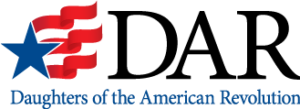 Daughters of American Revolution logo - Blue star with 3 red waving ribbons. Black text in DAR